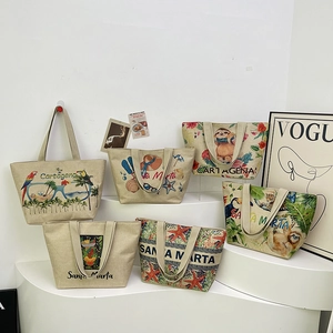 Linen tote bag with tropical patterns and Cartagena prints in a minimalist display