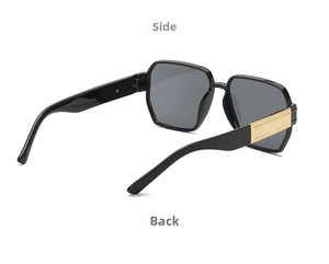 Detail view of black square oversized sunglasses featuring gold metal accents on the side