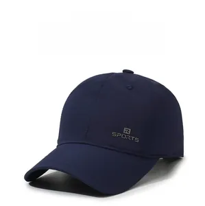 Detail of R SPORTS logo on dark blue breathable quick-dry baseball cap for men