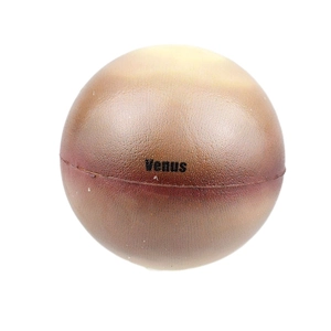 Close-up of Venus planet PU foam squeeze ball with realistic golden texture and text