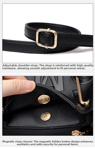 Detail of adjustable shoulder strap and magnetic closure on black lychee grain tote