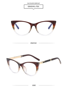Detailed views of tea gradient cat eye glasses with golden metal temple accents