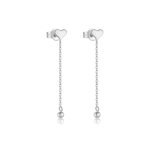 Elegant S925 sterling silver heart tassel drop earrings with long chain and ball detail