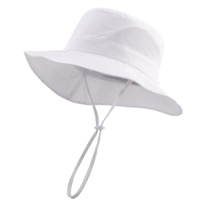 Detail of white kids sun hat featuring breathable mesh vents and adjustable chin strap