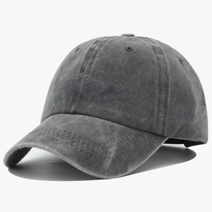 Detail of red CHANCE embroidery on washed gray cotton vintage baseball cap