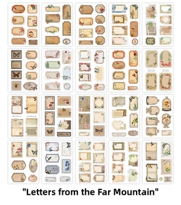 Detailed grid showing 20 vintage PET stickers with botanical and retro butterfly designs