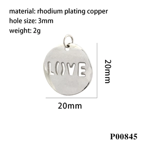 Macro detail of silver round pendant featuring LOVE cut-out and 20mm dimension markings