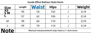 Detaillierte Größentabelle für Wildlederimitat-Ballonhose mit Maßen von Größe XS bis L