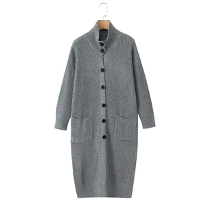 Long grey knit cardigan for women with stand collar, single-breasted buttons and dual pockets