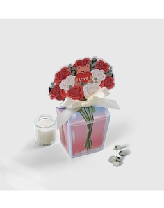 Detail of 3D tulip gift box with cream ribbon, romantic heart love design and floral card