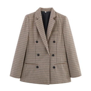 Classic houndstooth double-breasted blazer for women in brown and beige tones