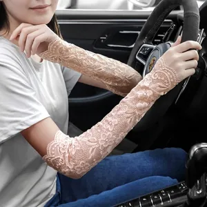 Beige floral lace sun protection arm sleeves with thumb holes for driving