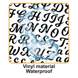 Close-up of waterproof vinyl alphabet stickers showing dynamic blue water splash effects