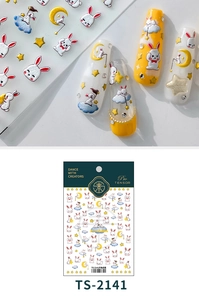 Close-up of 5D embossed moon rabbit and stars nail stickers with a cute 3D relief texture