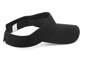 Side view detail of black cotton sun visor with curved brim and adjustable strap