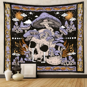 Artistic skeleton and purple mushroom wall tapestry for mystical room decor in black and gold