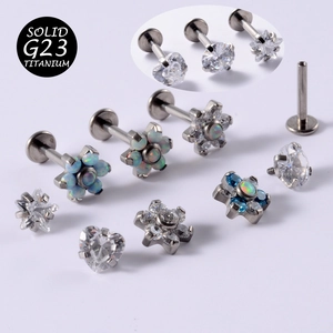 G23 Titanium Labret Stud Earrings Internally Threaded Flat Back Cubic Zirconia Opal Flower Heart Star Piercing Jewelry
