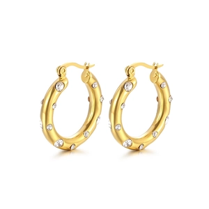 Polished 18k gold plated stainless steel U-shaped hoop earrings with inlaid rhinestones