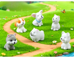 Detailed set of six mini resin puppy figurines in a realistic miniature garden landscape