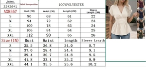 Detailed size chart for V-neck pleated polyester top with bust and waist measurements
