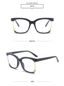 Front and side 45-degree views of oversized anti-blue light glasses with gold-blue frames