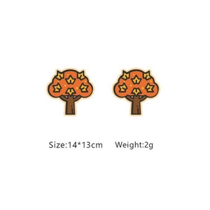 Detailed close-up of creative autumn tree-shaped orange stud earrings with dimensions