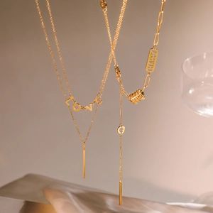 Edelstahl Gold Überzogen Halskette Für Damen Minimalistisch Y-Form Mehrlagig LOVE HAPPY Buchstaben Anhänger Schmuck