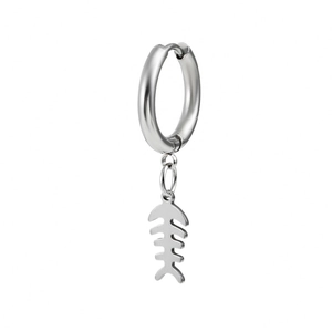 Polished stainless steel hoop earrings with punk style fishbone pendant in silver