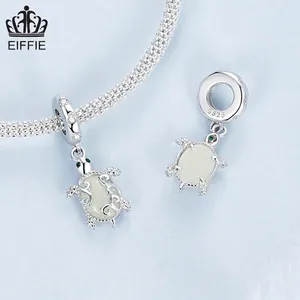 S925 sterling silver sea turtle charm with luminous stone and green gem eyes for bracelets