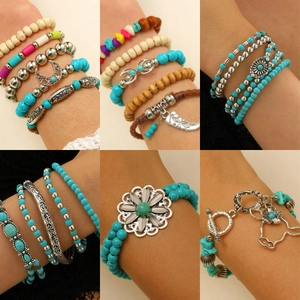 Bohemian beaded bracelet set with turquoise wood beads and vintage alloy charms