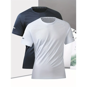 Detail of breathable mesh fabric on white and navy men's athletic quick-dry t-shirts