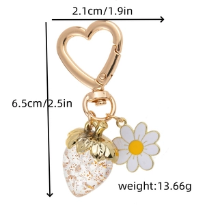 Detailed view of resin strawberry keychain with heart hook and dimensions 2.1x6.5cm