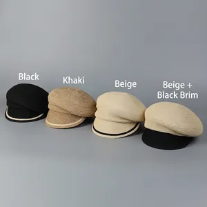 Women's woven straw sun hat collection in black, khaki, and beige striped equestrian style