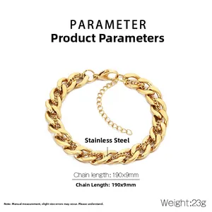 Detail view of gold Cuban link chain bracelet with lobster clasp and stainless steel dimensions