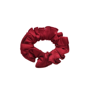 Elegant deep red satin scrunchie with pleated design and glossy ruffled fabric finish