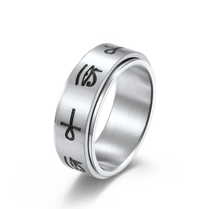 Stainless steel spinner ring with engraved Om Mani Padme Hum mantra on silver band