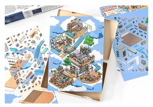 Detail of 2.5D isometric scenery stickers featuring cafe and bookstore DIY decor elements