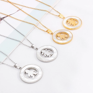 Titanium steel necklaces with mother-of-pearl hollow boy and girl silhouette pendants