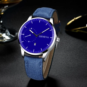 Detailed close-up of GENEVA men's watch with blue dial and navy leather strap