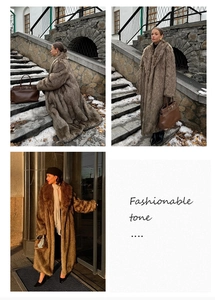Detailed views of long brown faux fur coat showing plush texture and stylish outdoor fit