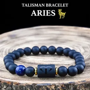 Zodiac Constellation Beaded Bracelet Matte Black Glass Tiger Eye Blue Turquoise Gold Alloy Spacer Elastic Rope Jewelry