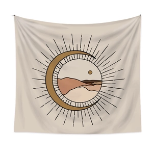Bohemian wall tapestry with sun, moon and mountain patterns in earthy Morandi tones