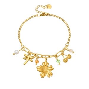 Golden stainless steel charm bracelet with flower dragonfly and cherry pendants
