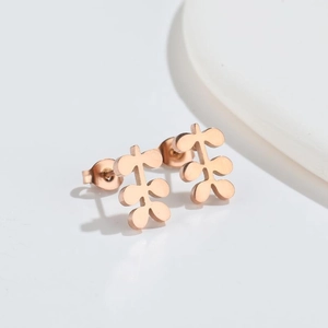 Minimalist rose gold stainless steel leaf stud earrings with a polished finish for women