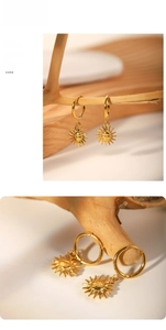 Detailed view of 18k gold sun pendant earrings on branch and close-up texture
