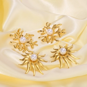 Exquisite 18K gold plated coral and sunburst earrings with elegant pearls on yellow silk
