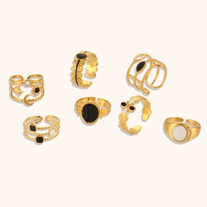 Vintage Stainless Steel Open Rings For Women Enamel Sun Moon Star Celestial Finger Ring Adjustable Fashion Jewelry