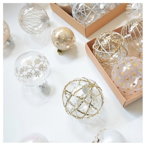 Detailed macro view of champagne gold and clear Christmas tree ornaments with glitter patterns
