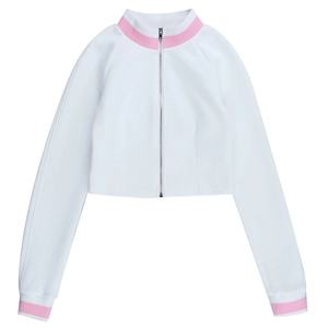 Detail of pink ribbed cuffs and collar on white zip-up cropped athletic sweatshirt