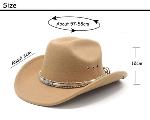 Vue détaillée du chapeau de cowboy en feutre kaki avec perles turquoise et mesures
